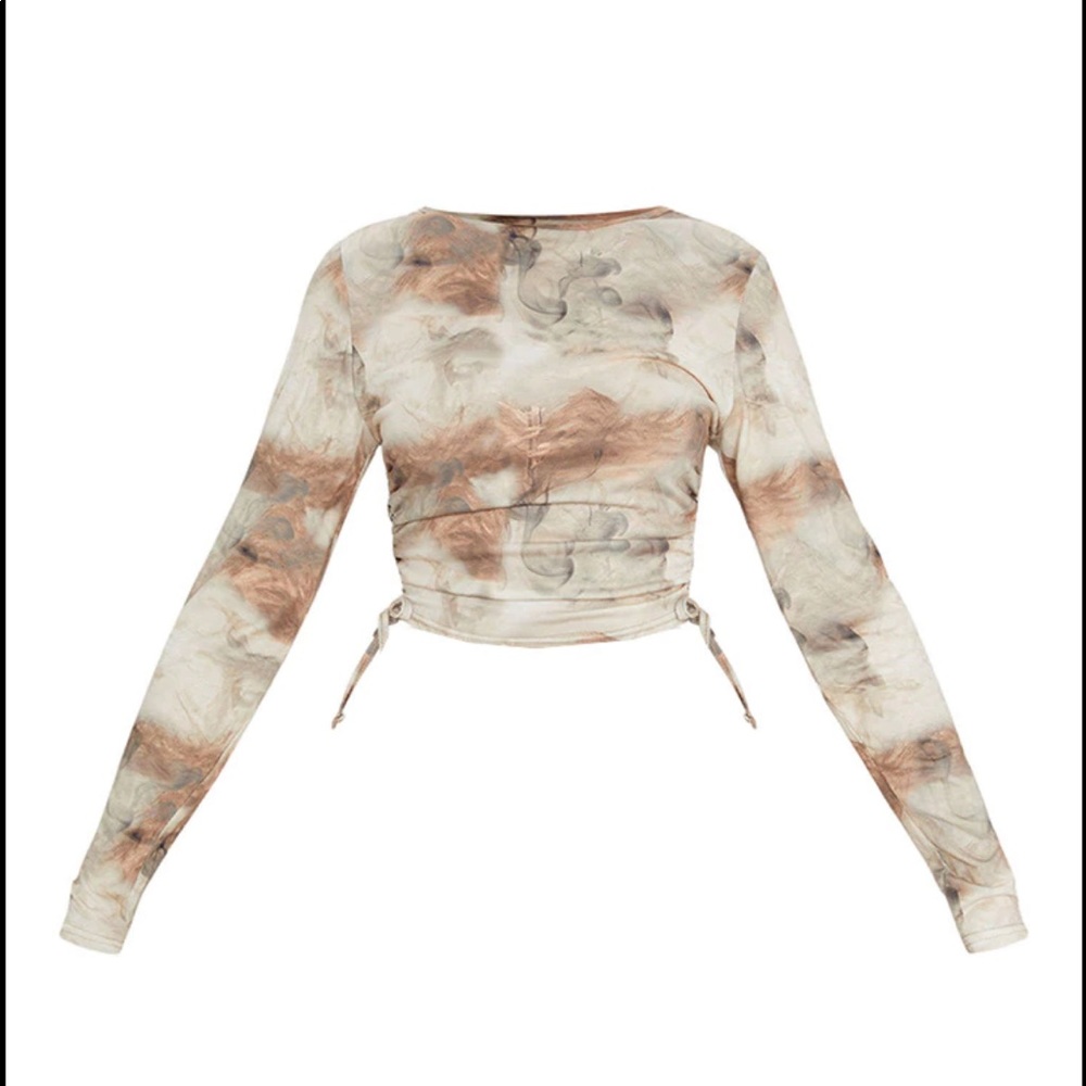 Beige Jersey Tie Ruched Side Long Sleeve Crop Top size 2